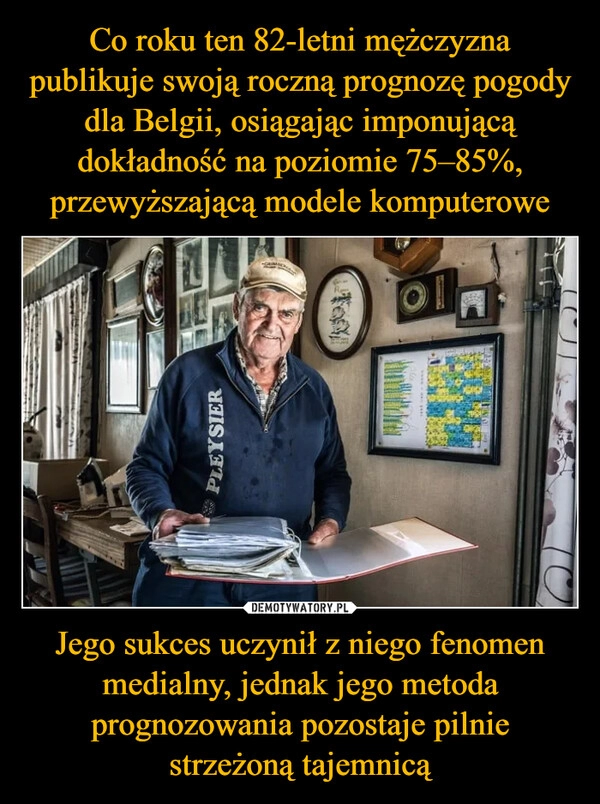 
    Co roku ten 82-letni mężczyzna publikuje swoją roczną prognozę pogody dla Belgii, osiągając imponującą dokładność na poziomie 75–85%, przewyższającą modele komputerowe Jego sukces uczynił z niego fenomen medialny, jednak jego metoda prognozowania pozostaje pilnie strzeżoną tajemnicą