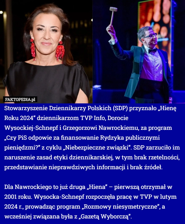 
    Stowarzyszenie Dziennikarzy Polskich (SDP) przyznało „Hienę Roku 2024” dziennikarzom