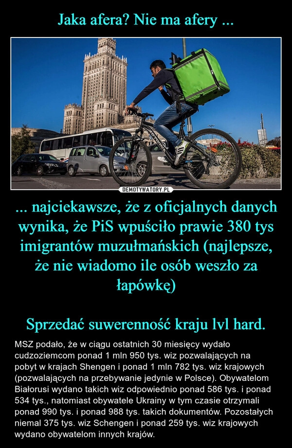 
    Jaka afera? Nie ma afery ... ... najciekawsze, że z oficjalnych danych wynika, że PiS wpuściło prawie 380 tys imigrantów muzułmańskich (najlepsze, że nie wiadomo ile osób weszło za łapówkę)

Sprzedać suwerenność kraju lvl hard.