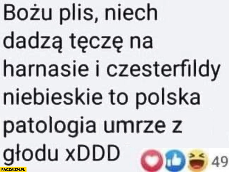
    Niech dadzą tęczę na Harnasie i Czesterfildy niebieskie to polska patologia umrze z głodu