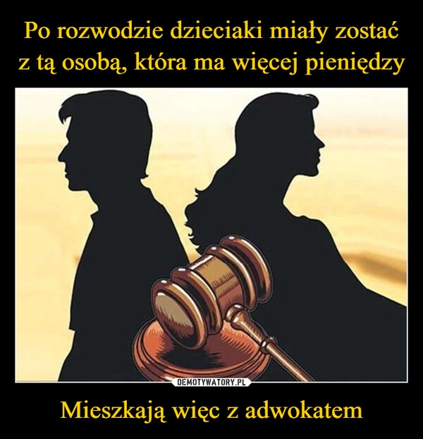 
    Po rozwodzie dzieciaki miały zostać z tą osobą, która ma więcej pieniędzy Mieszkają więc z adwokatem