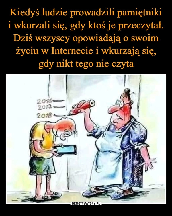 
    Kiedyś ludzie prowadzili pamiętniki i wkurzali się, gdy ktoś je przeczytał. Dziś wszyscy opowiadają o swoim życiu w Internecie i wkurzają się, gdy nikt tego nie czyta