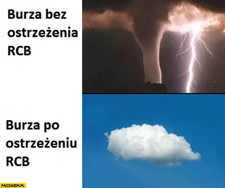 
    Burza bez ostrzeżenia alertu RCB tornado huragan vs po ostrzeżeniu jedna chmurka