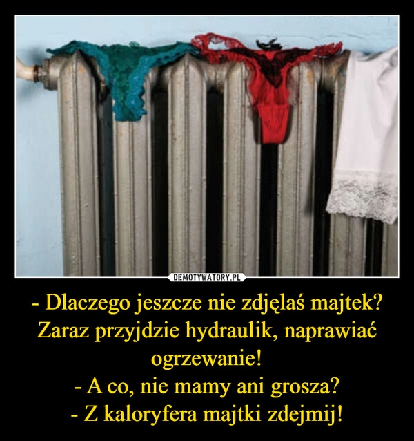 
    - Dlaczego jeszcze nie zdjęlaś majtek? Zaraz przyjdzie hydraulik, naprawiać ogrzewanie!
- A co, nie mamy ani grosza?
- Z kaloryfera majtki zdejmij!