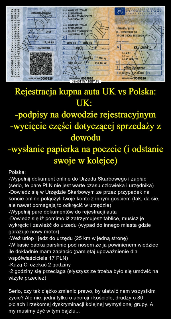 
    Rejestracja kupna auta UK vs Polska:
UK: 
-podpisy na dowodzie rejestracyjnym
-wycięcie części dotyczącej sprzedaży z dowodu
-wysłanie papierka na poczcie (i odstanie swoje w kolejce)