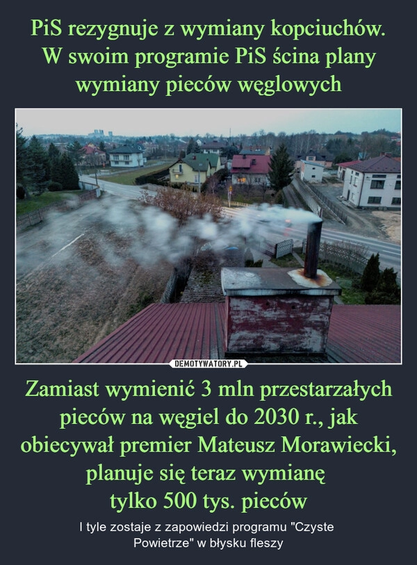 
    PiS rezygnuje z wymiany kopciuchów. W swoim programie PiS ścina plany wymiany pieców węglowych Zamiast wymienić 3 mln przestarzałych pieców na węgiel do 2030 r., jak obiecywał premier Mateusz Morawiecki, planuje się teraz wymianę 
tylko 500 tys. pieców