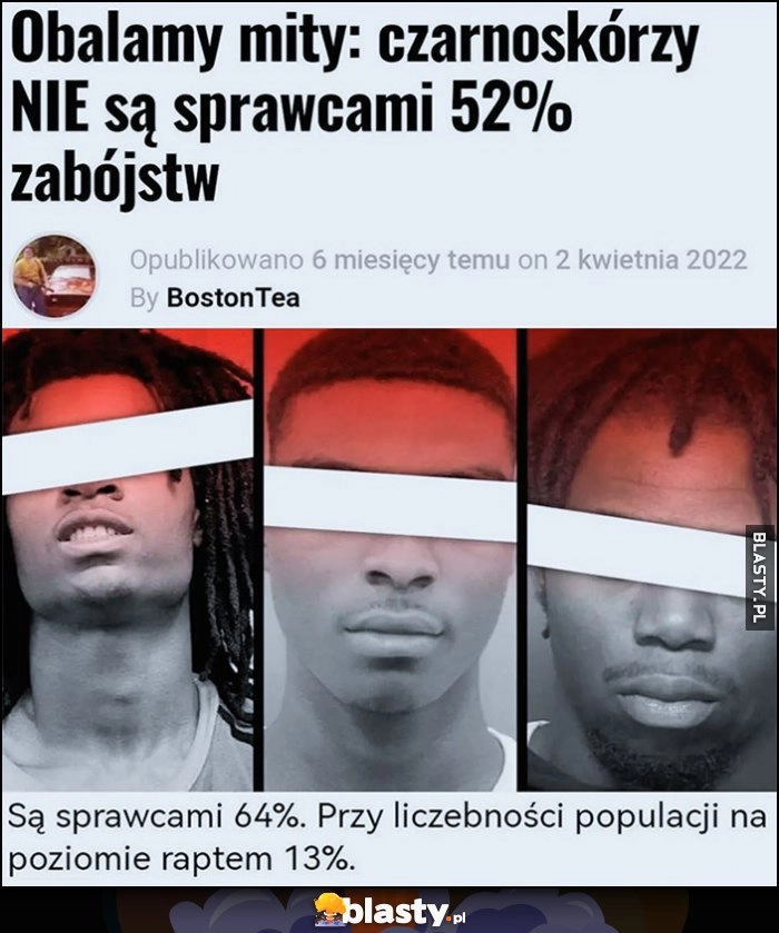 
    Obalamy mity: czarnoskórzy nie są sprawcami 52% zabójstw. Są sprawcami 64%, przy liczebności populacji na poziomie 13%