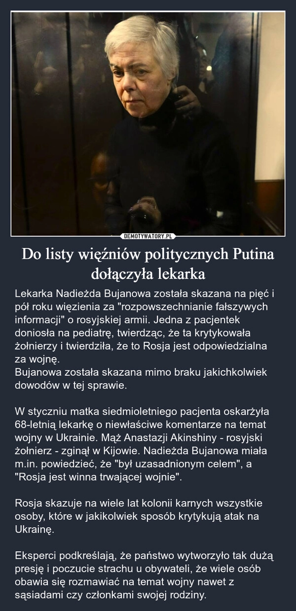 
    Do listy więźniów politycznych Putina dołączyła lekarka