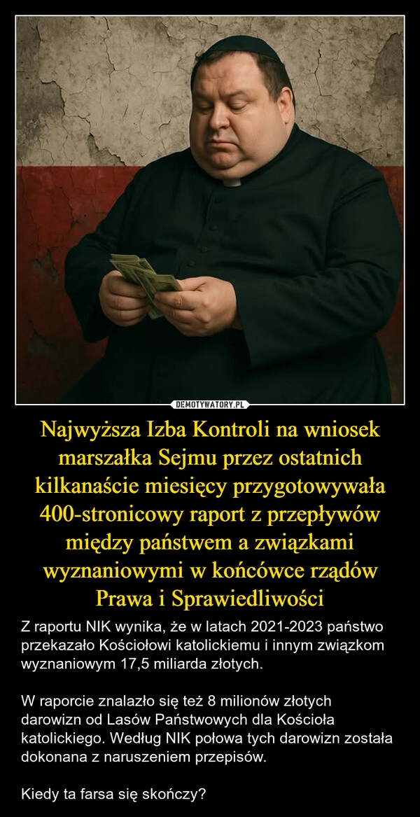 
    Najwyższa Izba Kontroli na wniosek marszałka Sejmu przez ostatnich kilkanaście miesięcy przygotowywała 400-stronicowy raport z przepływów między państwem a związkami wyznaniowymi w końcówce rządów Prawa i Sprawiedliwości