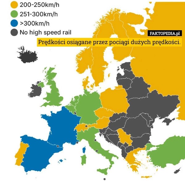 
    Prędkości osiągane przez pociągi dużych prędkości.