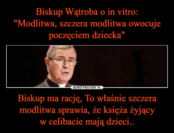 
    Biskup Wątroba o in vitro:
"Modlitwa, szczera modlitwa owocuje poczęciem dziecka" Biskup ma rację, To właśnie szczera modlitwa sprawia, że księża żyjący w celibacie mają dzieci..