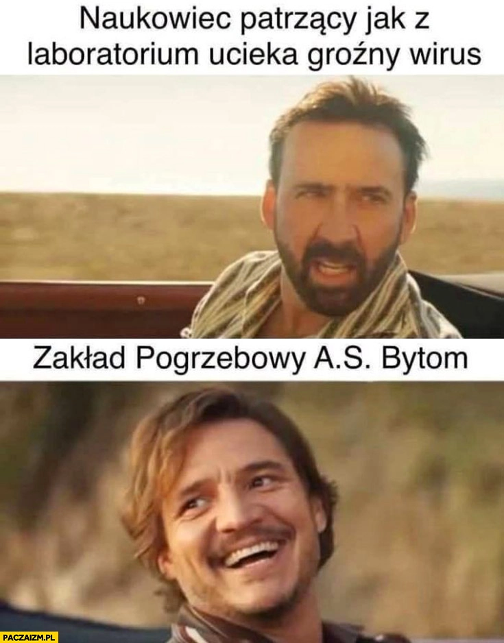 
    Naukowiec patrzący jak z laboratorium ucieka groźny wirus vs zakład pogrzebowy AS Bytom