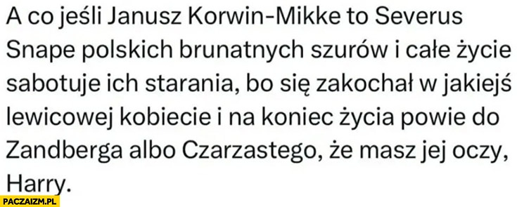 
    Co jeśli Korwin to Severus Snape polskich brunatnych szorów i sabotuje ich działania bo zakochał się w jakiejś lewicowej kobiecie