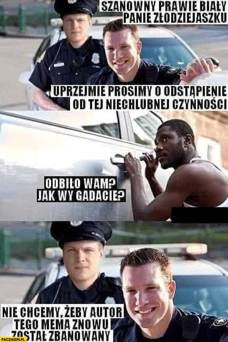 Szanowny prawie biały panie złodziejaszko uprzejmie prosimy o odstąpienie od tej niechlubnej czynności, odbiło wam jak wy gadacie? Nie chcemy żeby autor mema dostał bana