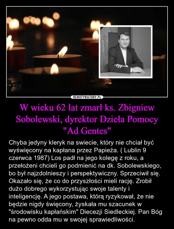 
    W wieku 62 lat zmarł ks. Zbigniew Sobolewski, dyrektor Dzieła Pomocy "Ad Gentes"