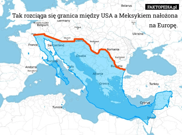 
    Tak rozciąga się granica między USA a Meksykiem nałożona na Europę.