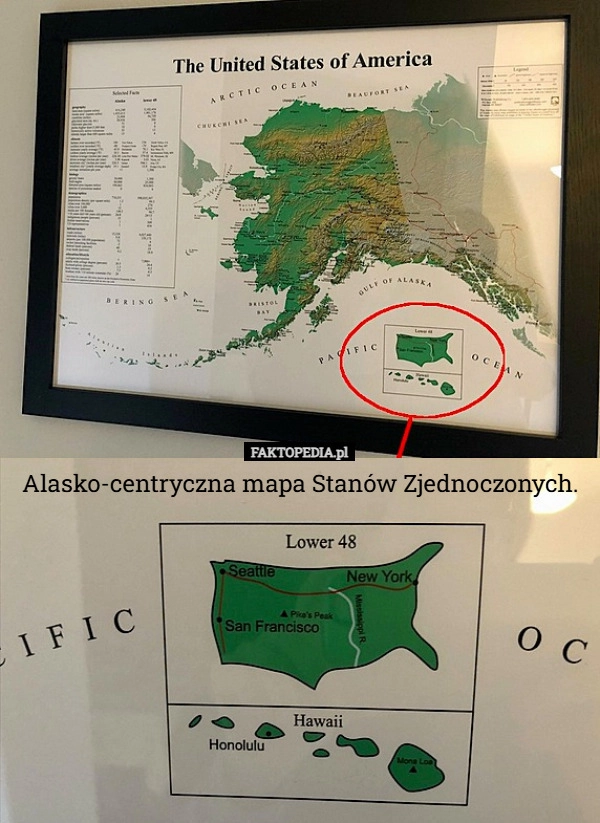 
    Alasko-centryczna mapa Stanów Zjednoczonych.