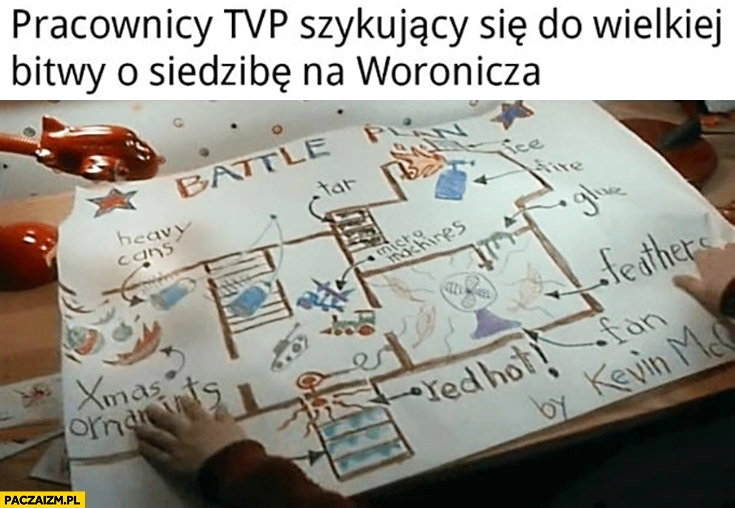 
    Pracownicy TVP szykujący się do wielkiej bitwy o siedzibę na Woronicza plan bitwy Kevin sam w domu