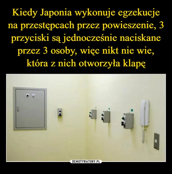 
    Kiedy Japonia wykonuje egzekucje na przestępcach przez powieszenie, 3 przyciski są jednocześnie naciskane przez 3 osoby, więc nikt nie wie, która z nich otworzyła klapę