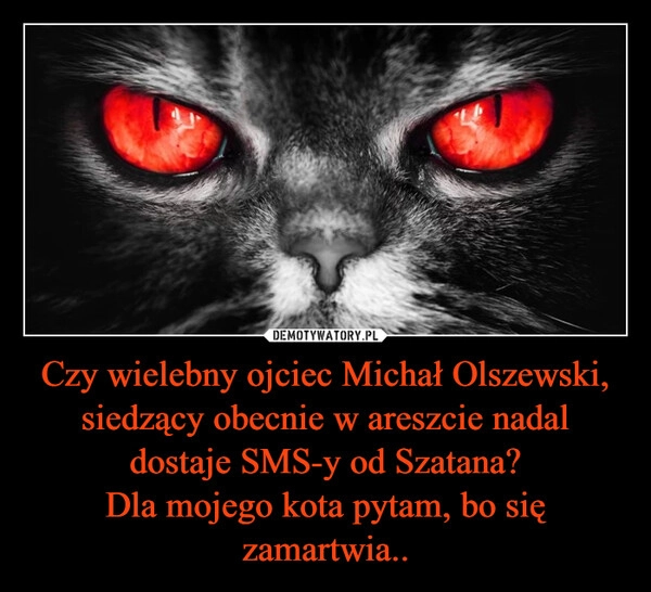 
    Czy wielebny ojciec Michał Olszewski, siedzący obecnie w areszcie nadal dostaje SMS-y od Szatana?
Dla mojego kota pytam, bo się zamartwia..