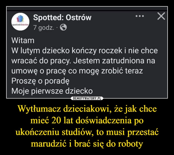 
    Wytłumacz dzieciakowi, że jak chce mieć 20 lat doświadczenia po ukończeniu studiów, to musi przestać marudzić i brać się do roboty