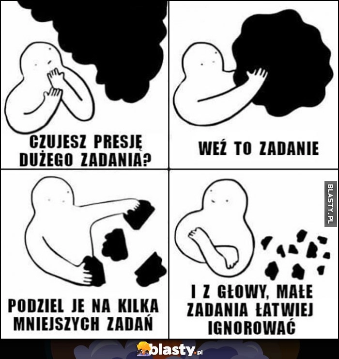 
    Czujesz presję dużego zadania, weź to zadanie, podziel je na kilka mniejszych zadań i z głowy, małe zadania łatwiej ignorować