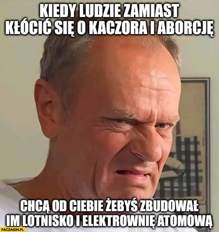 
    Tusk kiedy ludzie zamiast kłócić się o Kaczora i aborcję chcą od ciebie żebyś zbudował im lotnisko i elektrownię atomową