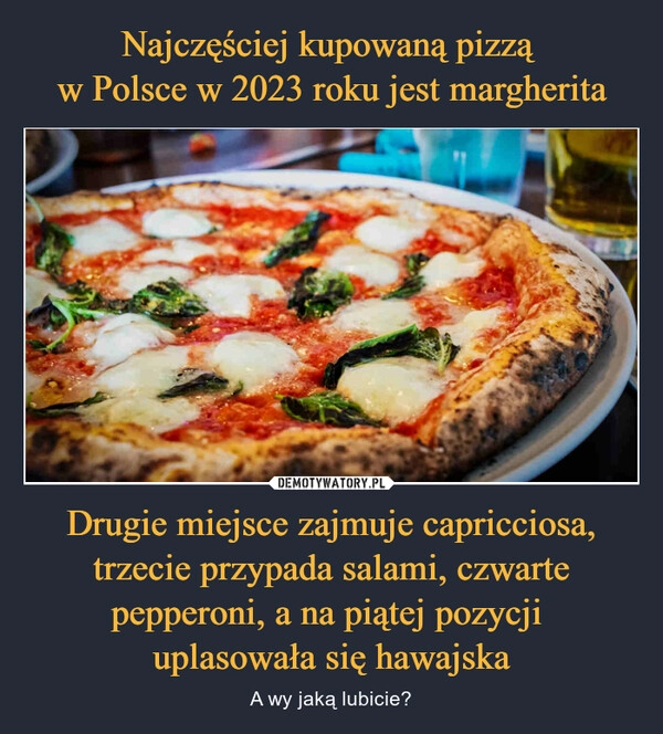 
    Najczęściej kupowaną pizzą 
w Polsce w 2023 roku jest margherita Drugie miejsce zajmuje capricciosa, trzecie przypada salami, czwarte pepperoni, a na piątej pozycji 
uplasowała się hawajska