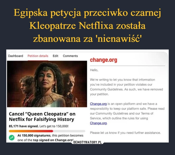 
    Egipska petycja przeciwko czarnej Kleopatrze Netflixa została zbanowana za 'nienawiść'