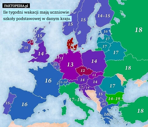 
    Ile tygodni wakacji mają uczniowie szkoły podstawowej w danym kraju.