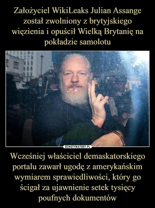 
    Założyciel WikiLeaks Julian Assange został zwolniony z brytyjskiego więzienia i opuścił Wielką Brytanię na pokładzie samolotu Wcześniej właściciel demaskatorskiego portalu zawarł ugodę z amerykańskim wymiarem sprawiedliwości, który go ścigał za ujawnienie setek tysięcy poufnych dokumentów