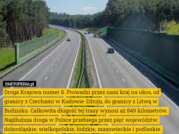 
    
			 Droga Krajowa numer 8. Prowadzi przez nasz kraj na ukos, od granicy z Czechami					