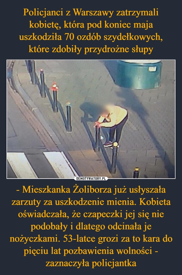 
    Policjanci z Warszawy zatrzymali kobietę, która pod koniec maja uszkodziła 70 ozdób szydełkowych, które zdobiły przydrożne słupy - Mieszkanka Żoliborza już usłyszała zarzuty za uszkodzenie mienia. Kobieta oświadczała, że czapeczki jej się nie podobały i dlatego odcinała je nożyczkami. 53-latce grozi za to kara do pięciu lat pozbawienia wolności - zaznaczyła policjantka