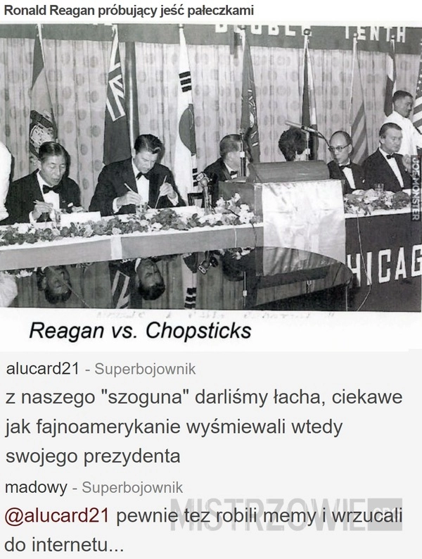 
    Ronald Reagan próbujący jeść pałeczkami