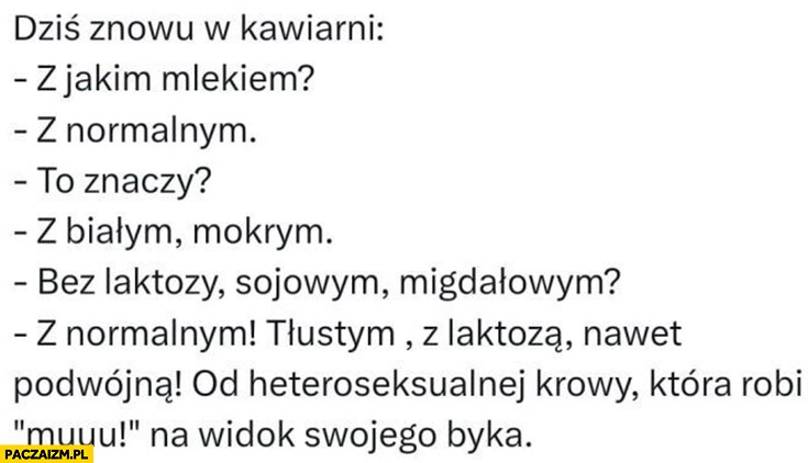 
    Zamówienie w kawiarni, z jakim mlekiem? Białym normalnym tłustym z laktozą nawet podwójną od heteroseksualnej krowy która robi muuu na widok swojego byka