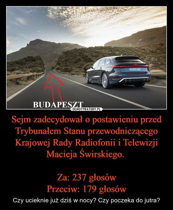 
    Sejm zadecydował o postawieniu przed Trybunałem Stanu przewodniczącego Krajowej Rady Radiofonii i Telewizji Macieja Świrskiego. 

Za: 237 głosów
Przeciw: 179 głosów