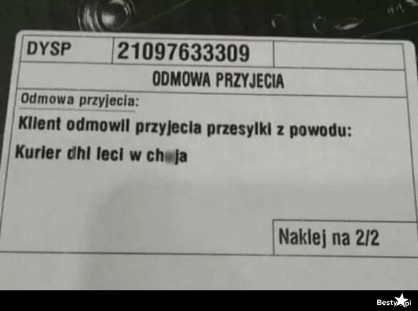 
    Odmowa przyjęcia przesyłki 