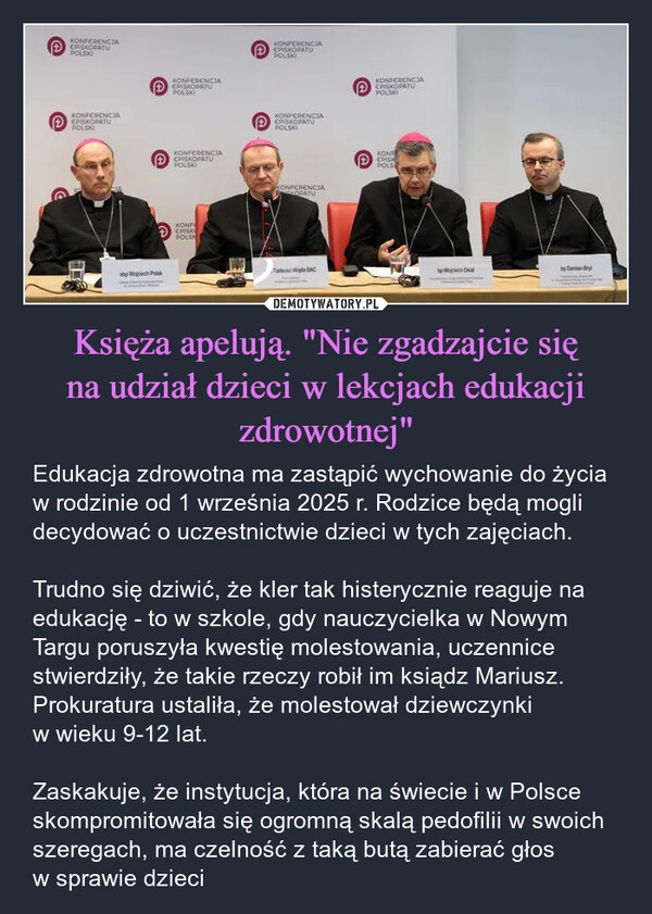 
    Księża apelują. "Nie zgadzajcie się na udział dzieci w lekcjach edukacji zdrowotnej"