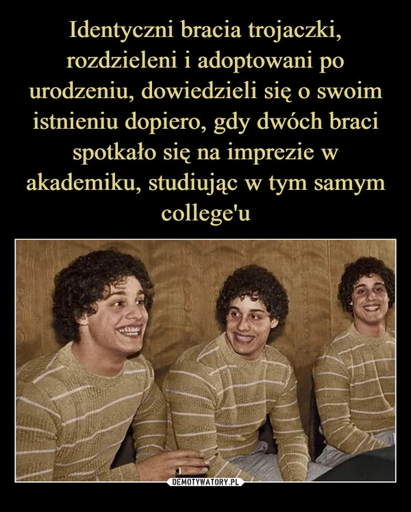 
    Identyczni bracia trojaczki, rozdzieleni i adoptowani po urodzeniu, dowiedzieli się o swoim istnieniu dopiero, gdy dwóch braci spotkało się na imprezie w akademiku, studiując w tym samym college'u