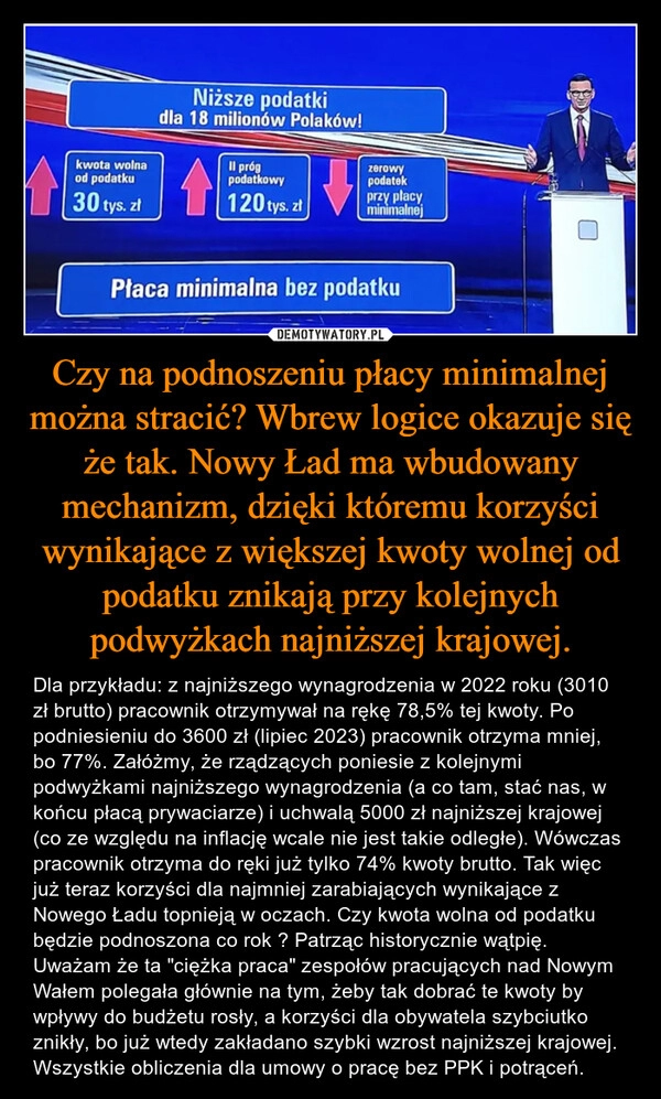 
    Czy na podnoszeniu płacy minimalnej można stracić? Wbrew logice okazuje się że tak. Nowy Ład ma wbudowany mechanizm, dzięki któremu korzyści wynikające z większej kwoty wolnej od podatku znikają przy kolejnych podwyżkach najniższej krajowej. 