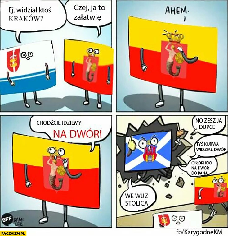 
    Widział ktoś Kraków? Chodźcie, idziemy na dwór. No żesz ja dupce tyś widział dwór we wuz stolica komiks