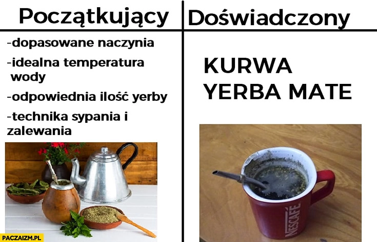 
    Yerba Mate początkujący: dopasowane naczynia, idealna temperatura, odpowiednia ilość, technika. Doświadczony: kurna yerba mate