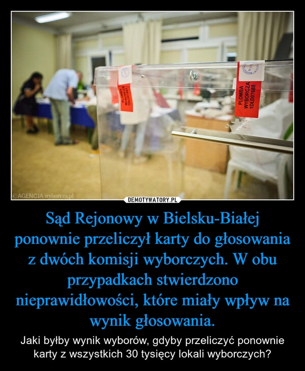 
    Sąd Rejonowy w Bielsku-Białej ponownie przeliczył karty do głosowania z dwóch komisji wyborczych. W obu przypadkach stwierdzono nieprawidłowości, które miały wpływ na wynik głosowania.