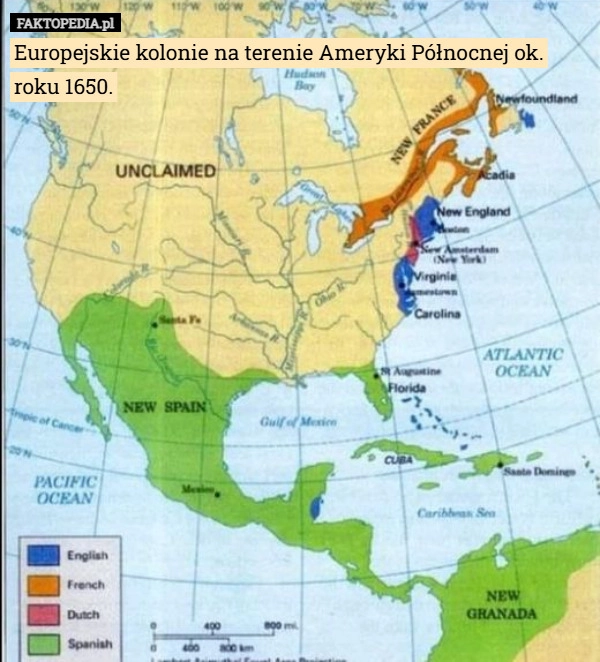 
    Europejskie kolonie na terenie Ameryki Północnej ok. roku 1650.