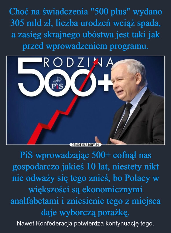 
    Choć na świadczenia "500 plus" wydano 305 mld zł, liczba urodzeń wciąż spada, a zasięg skrajnego ubóstwa jest taki jak przed wprowadzeniem programu. PiS wprowadzając 500+ cofnął nas gospodarczo jakieś 10 lat, niestety nikt nie odważy się tego znieś, bo Polacy w większości są ekonomicznymi analfabetami i zniesienie tego z miejsca daje wyborczą porażkę.