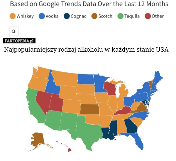 
    Najpopularniejszy rodzaj alkoholu w każdym stanie USA