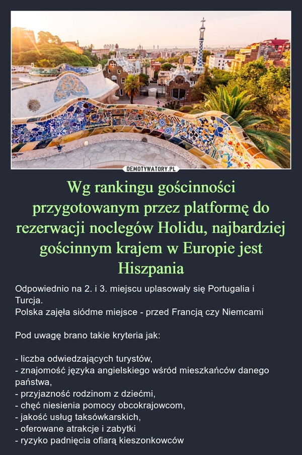 
    Wg rankingu gościnności przygotowanym przez platformę do rezerwacji noclegów Holidu, najbardziej gościnnym krajem w Europie jest Hiszpania