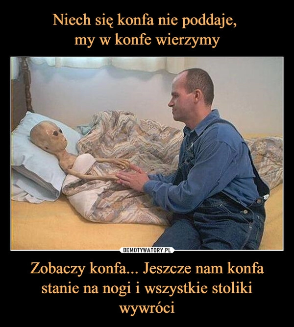 
    Niech się konfa nie poddaje, 
my w konfe wierzymy Zobaczy konfa... Jeszcze nam konfa stanie na nogi i wszystkie stoliki wywróci