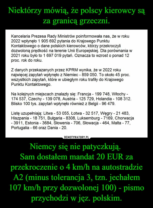 
    Niektórzy mówią, że polscy kierowcy są za granicą grzeczni. Niemcy się nie patyczkują. 
Sam dostałem mandat 20 EUR za przekroczenie o 4 km/h na autostradzie A2 (minus tolerancja 3, tzn. jechałem 107 km/h przy dozwolonej 100) - pismo przychodzi w jęz. polskim.