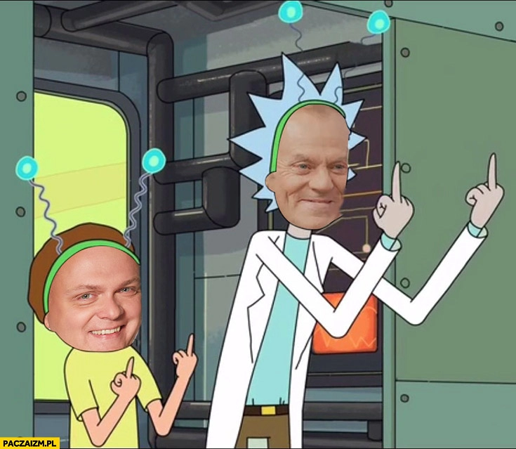 
    Hołownia Tusk Rick and Morty przerobka pokazują środkowy palec